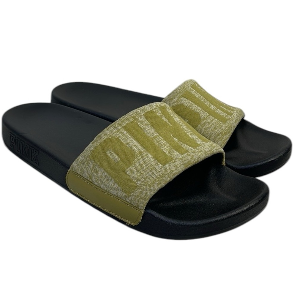 VICTORIAS SECRET PINK GREEN SEAMLESS SLIDES SANDALS BEACH SHOES 9.5